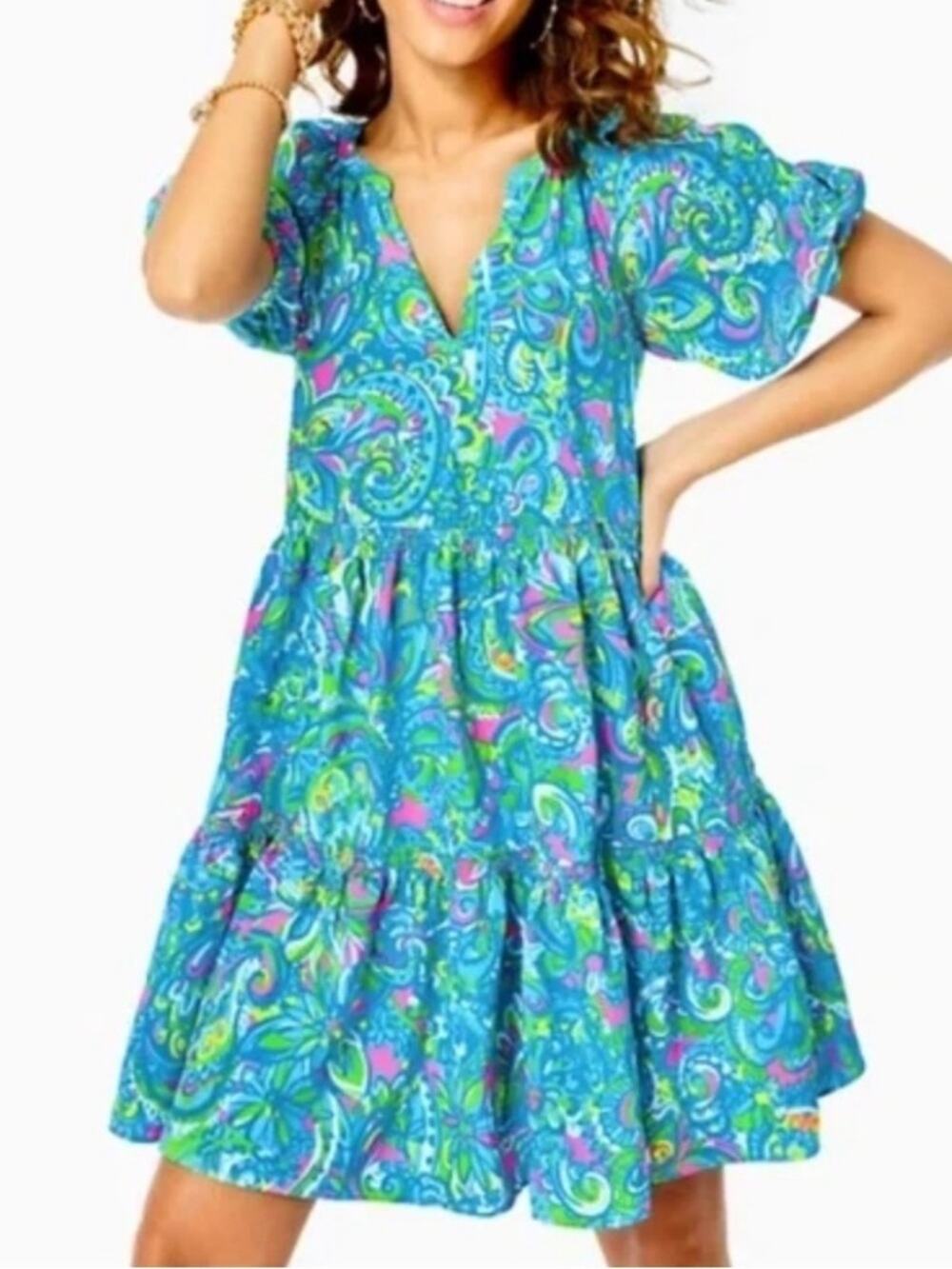 Lilly Pulitzer Shannon Short Puff Sleeves Dress size small Seabreeze Blue Pink
